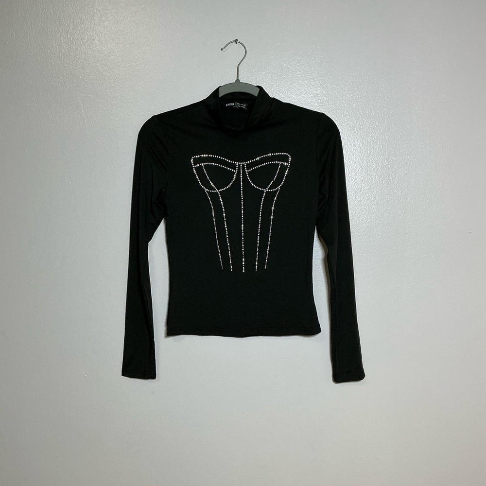 Black Long Sleeve Top with Rhinestone Detail